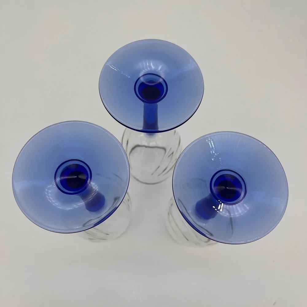 3 Vintage Wine Glasses Cobalt Blue Stem Gold Rim Optic Swirl Clear Bowl Set